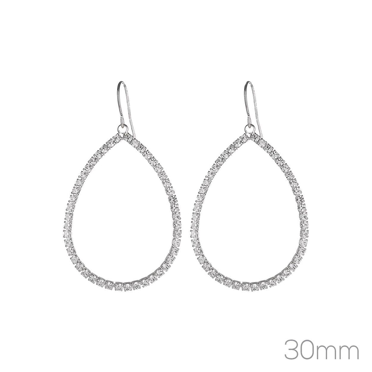 30MM 1Line Pear Shape Rhinestone Earrings: Silver