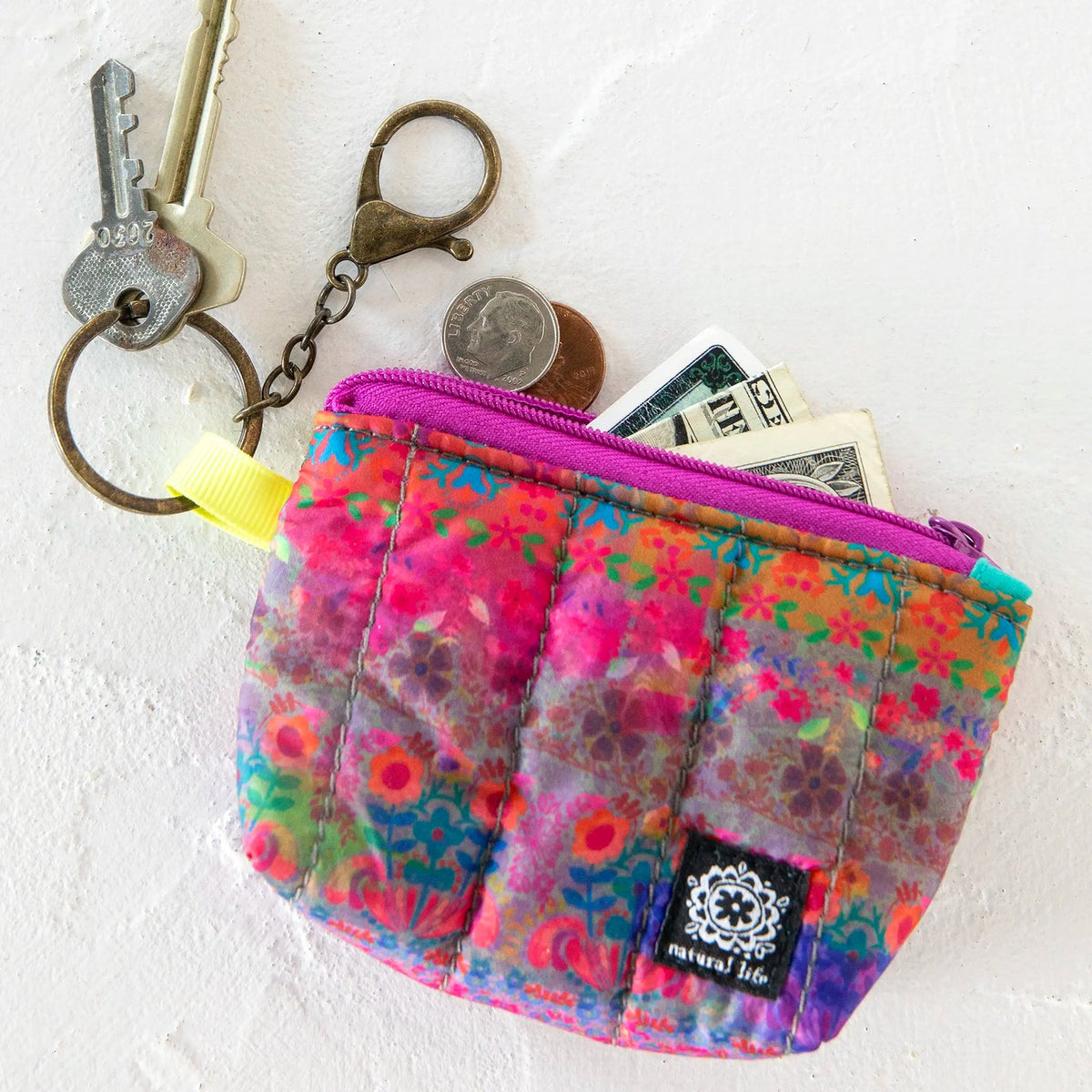 Mini Puffy Coin Purse Key Clip - Rainbow Border